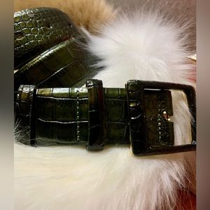 💚NWT Audrey Talbots Large Lizard Grain Leather Belt in Metallic Dark Green#TARG